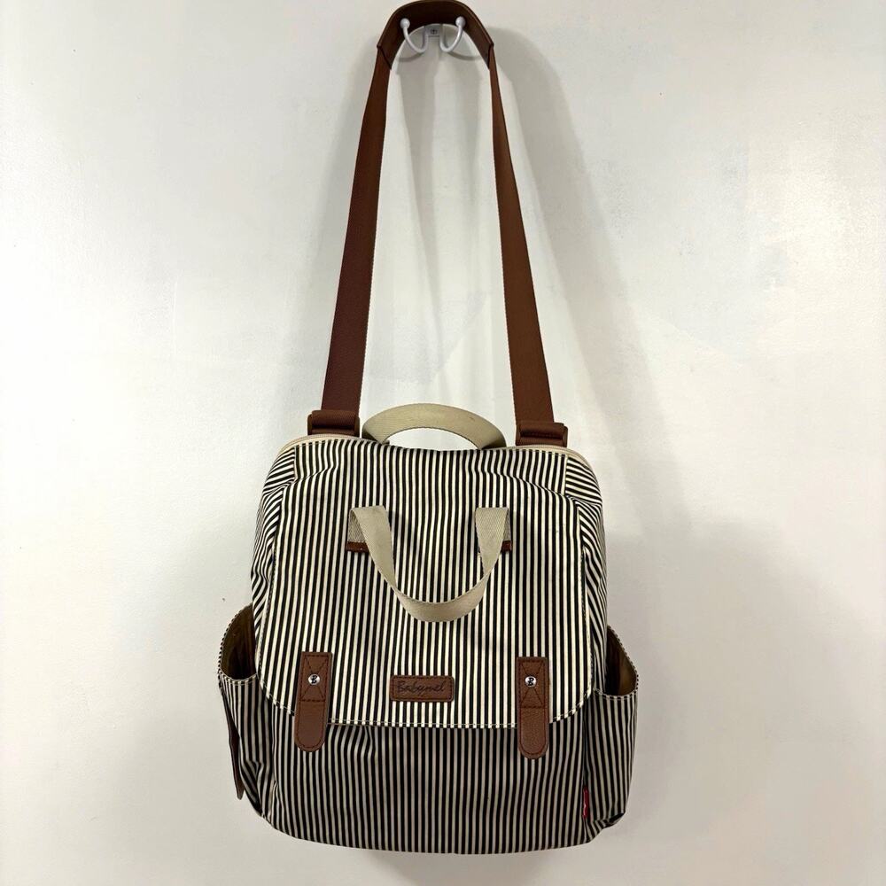 Babymel Striped Diaper Bag Backpack Black/White Brown Straps